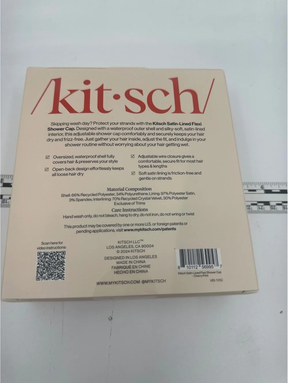 Kitsch, Cherry Print Satin-Lined Flexi Shower Cap, One Size msrp 24